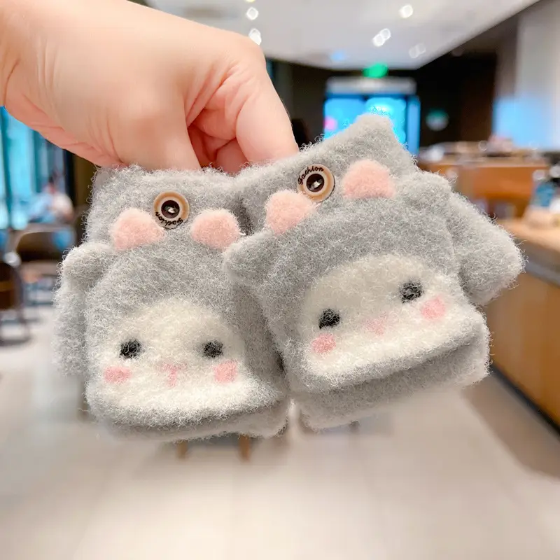 Autumn and Winter Cartoon Fruit Kidsren's Flip-Up Gloves Fingerless Outdoor Cold-Proof Half-Finger Warm Gloves for Male and Female Babies and Toddlers