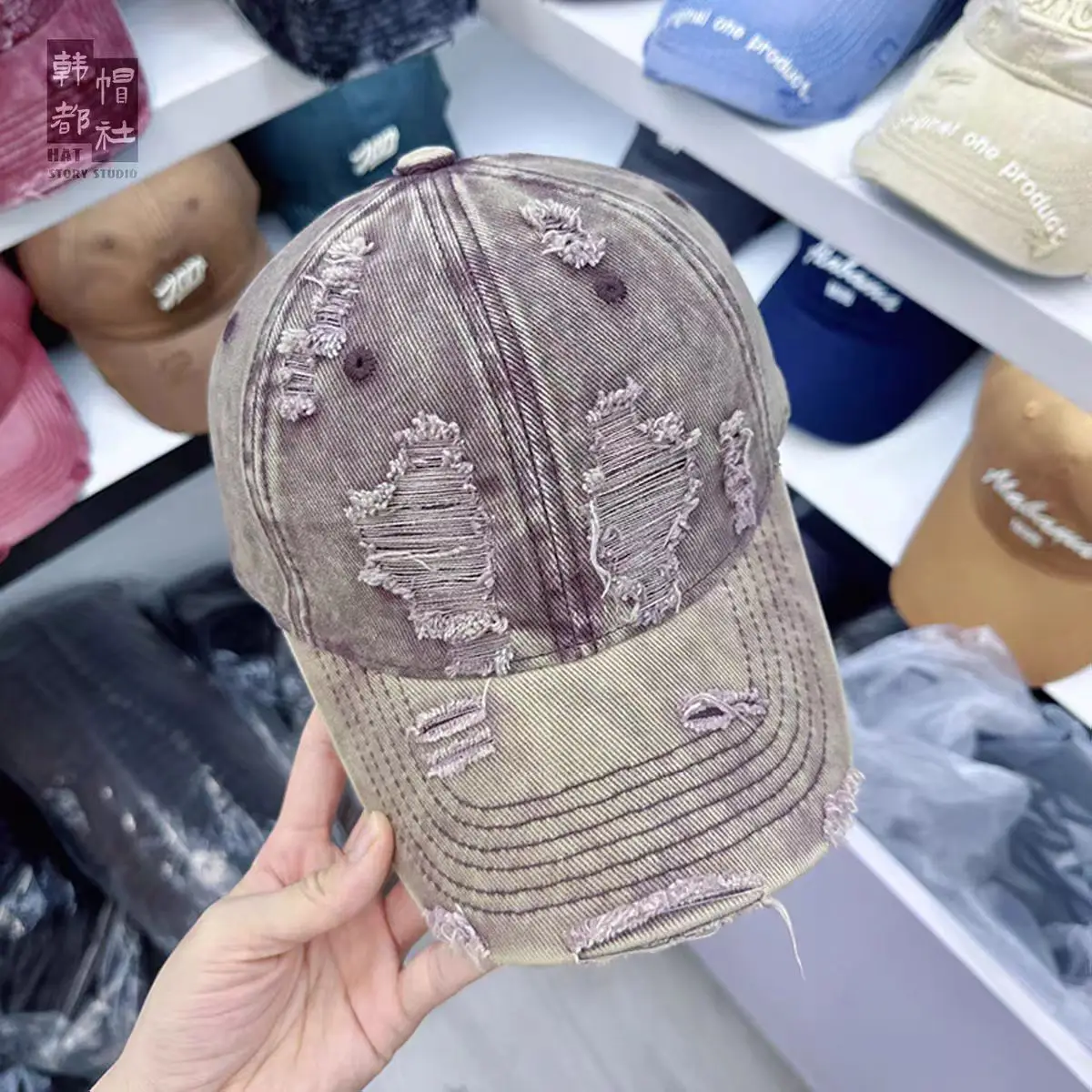 Women Distressed Beaded Cap Summer Face Smaller - Image 7
