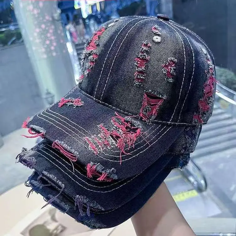Retro Distressed Denim Baseball Cap with Duckbill Embroidery - Image 7