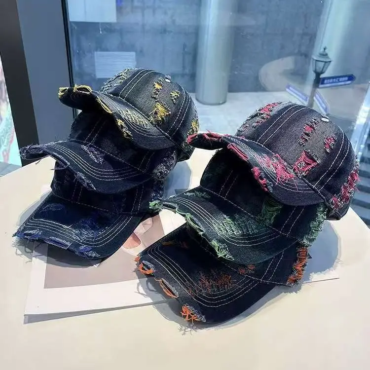 Retro Distressed Denim Baseball Cap with Duckbill Embroidery - Image 8
