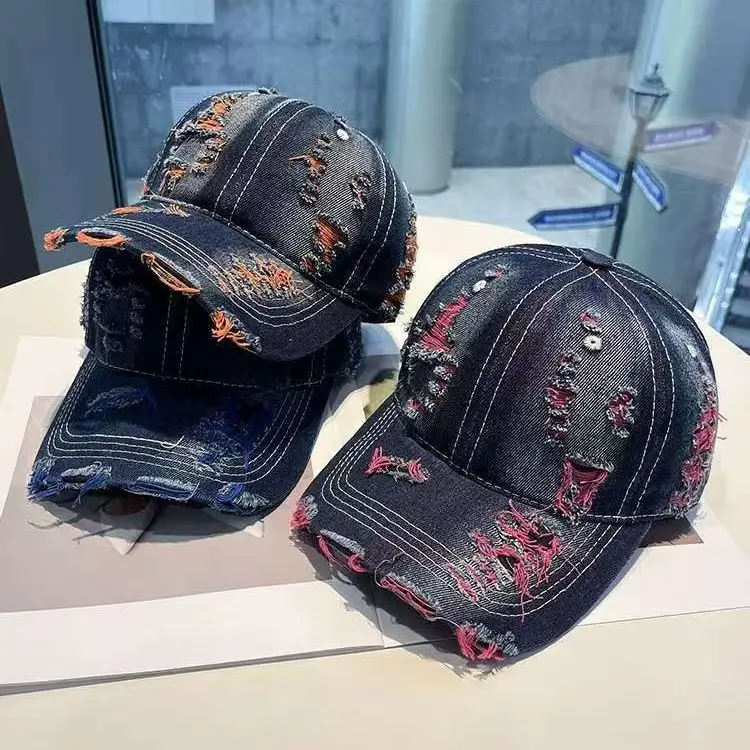 Retro Distressed Denim Baseball Cap with Duckbill Embroidery - Image 9