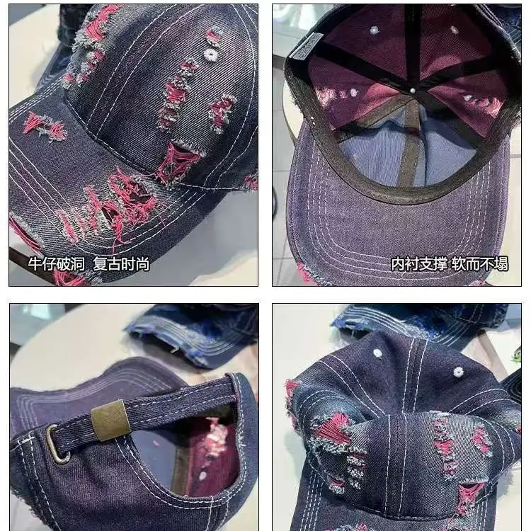 Retro Distressed Denim Baseball Cap with Duckbill Embroidery - Image 10