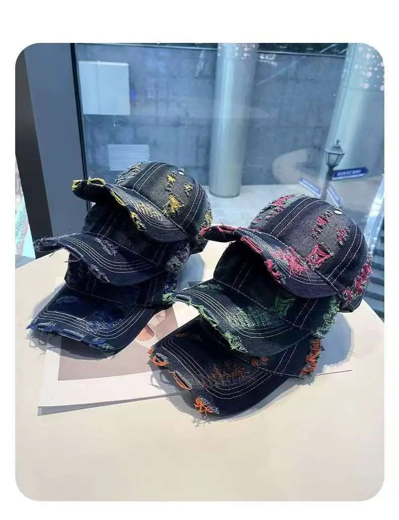 Retro Distressed Denim Baseball Cap with Duckbill Embroidery — feature 4