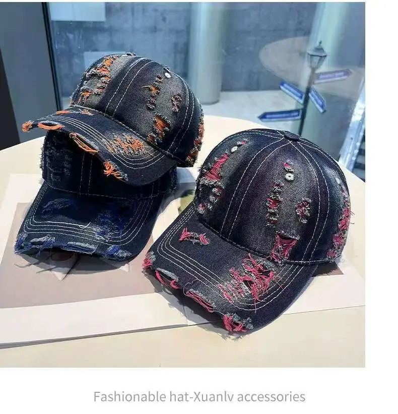 Retro Distressed Denim Baseball Cap with Duckbill Embroidery — feature 6