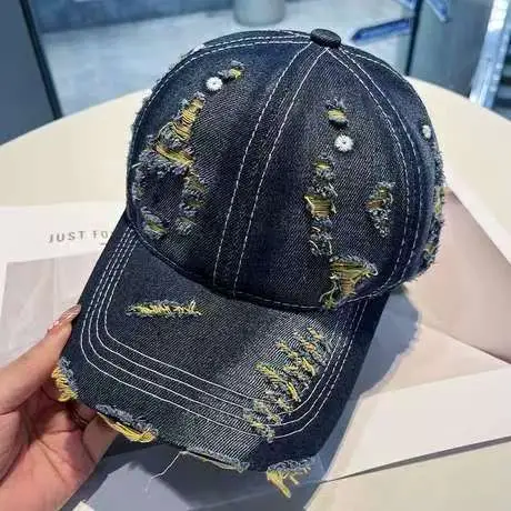 Retro Distressed Denim Baseball Cap with Duckbill Embroidery - Image 2