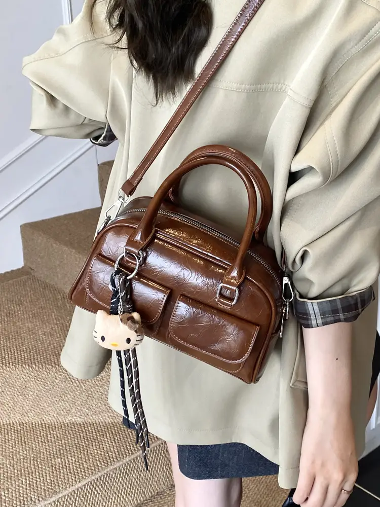 Women's Brown Leather Bowling Bag with Chain Strap - Image 7