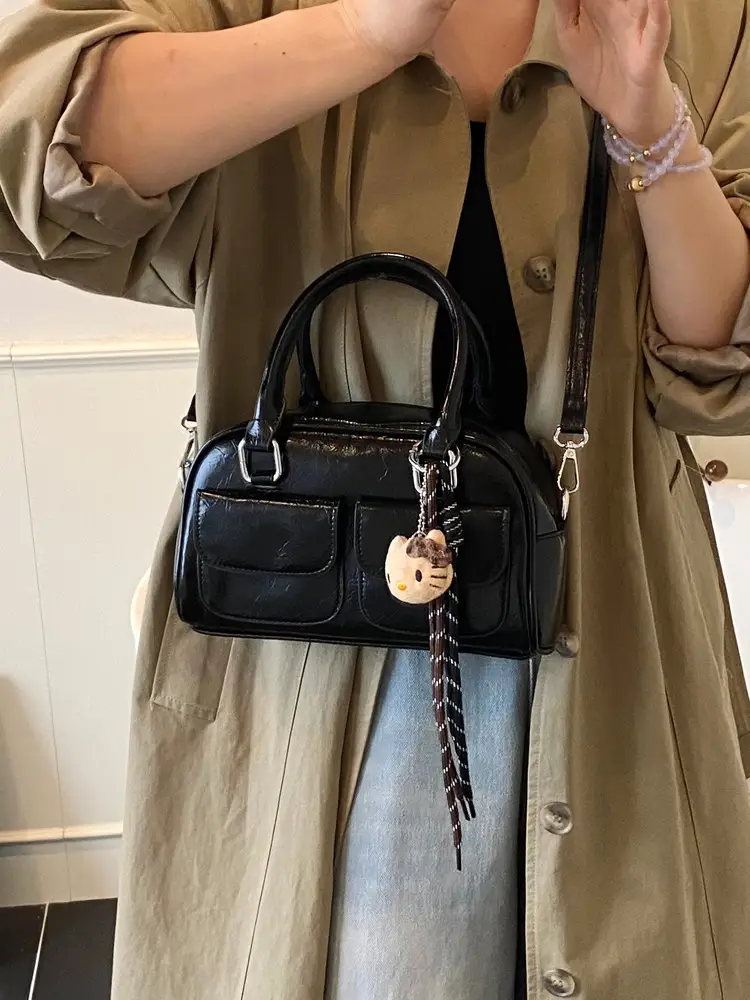 Women's Brown Leather Bowling Bag with Chain Strap - Image 8