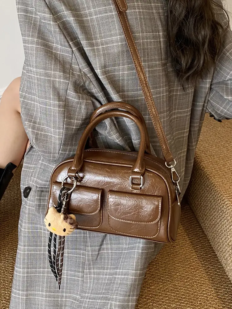 Women's Brown Leather Bowling Bag with Chain Strap - Image 9