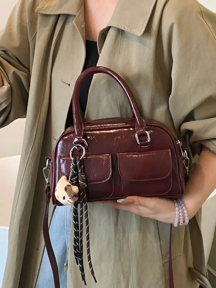 Women's Brown Leather Bowling Bag with Chain Strap - Image 10