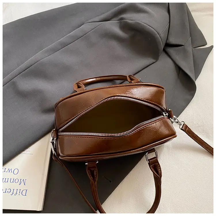 Women's Brown Leather Bowling Bag with Chain Strap — feature 10
