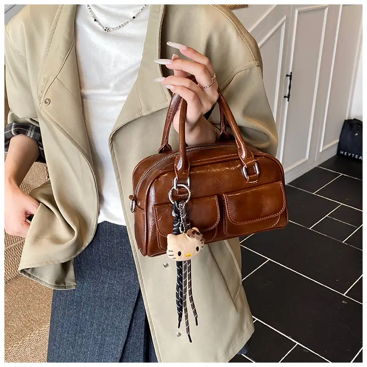 Women's Brown Leather Bowling Bag with Chain Strap — feature 11