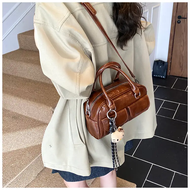 Women's Brown Leather Bowling Bag with Chain Strap — feature 12