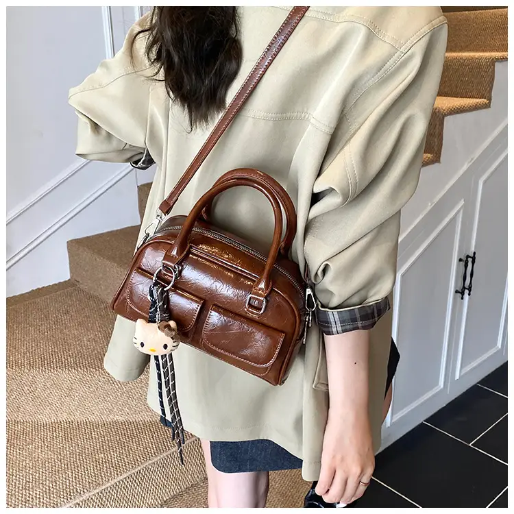 Women's Brown Leather Bowling Bag with Chain Strap — feature 13