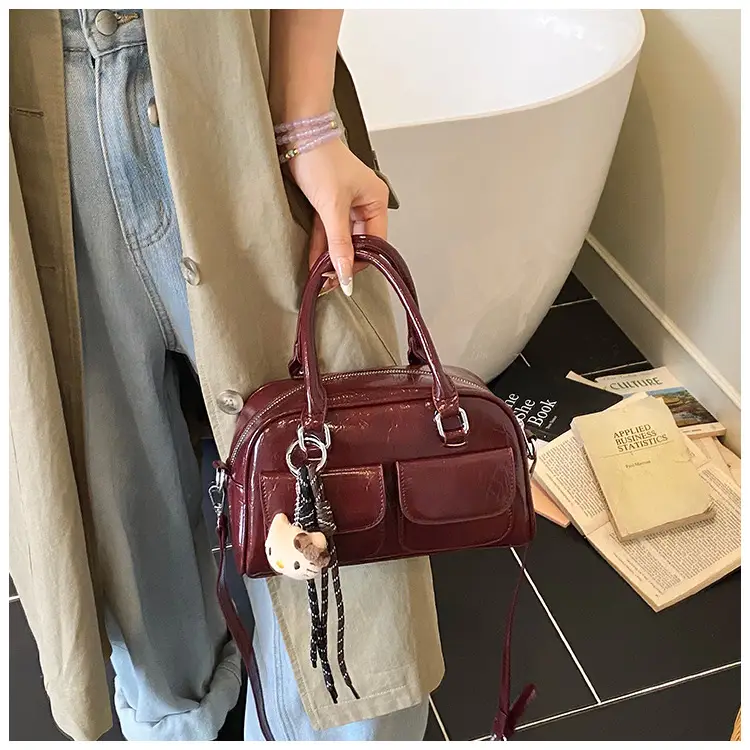 Women's Brown Leather Bowling Bag with Chain Strap — feature 14