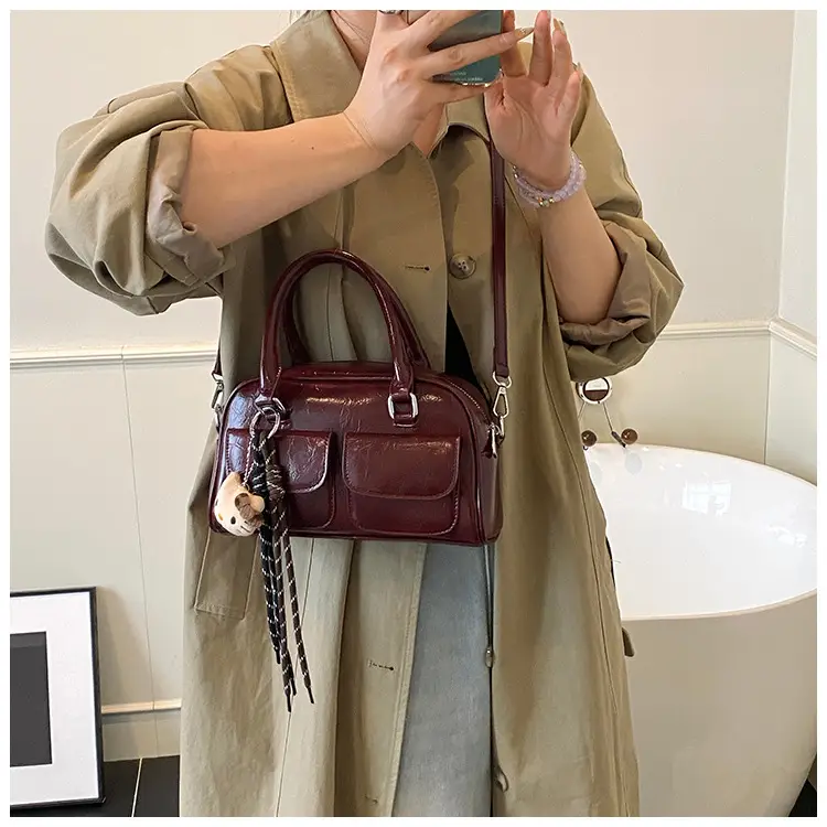 Women's Brown Leather Bowling Bag with Chain Strap — feature 15