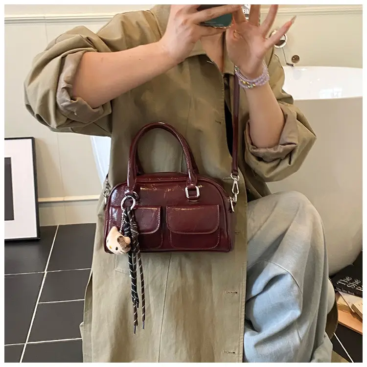 Women's Brown Leather Bowling Bag with Chain Strap — feature 16