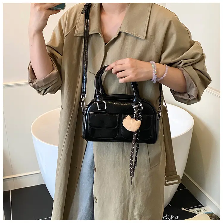 Women's Brown Leather Bowling Bag with Chain Strap — feature 17