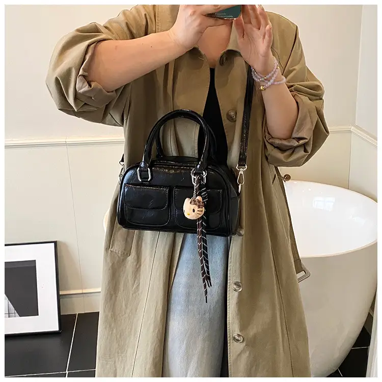 Women's Brown Leather Bowling Bag with Chain Strap — feature 18