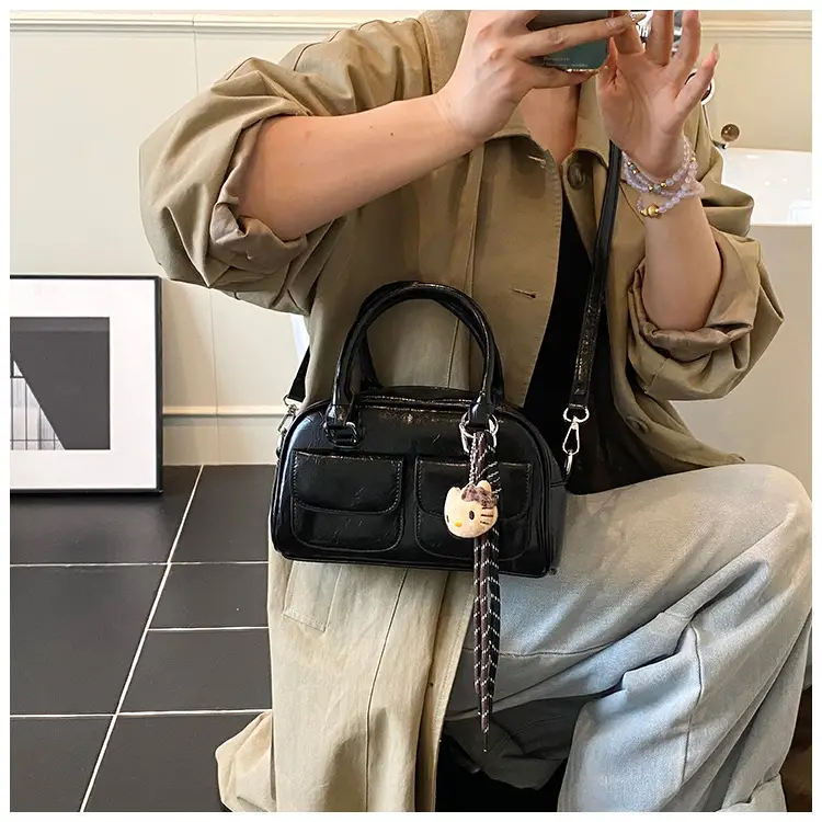 Women's Brown Leather Bowling Bag with Chain Strap — feature 19
