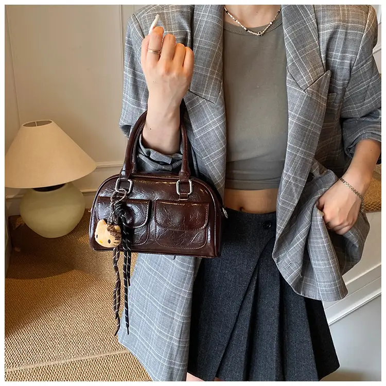 Women's Brown Leather Bowling Bag with Chain Strap — feature 20