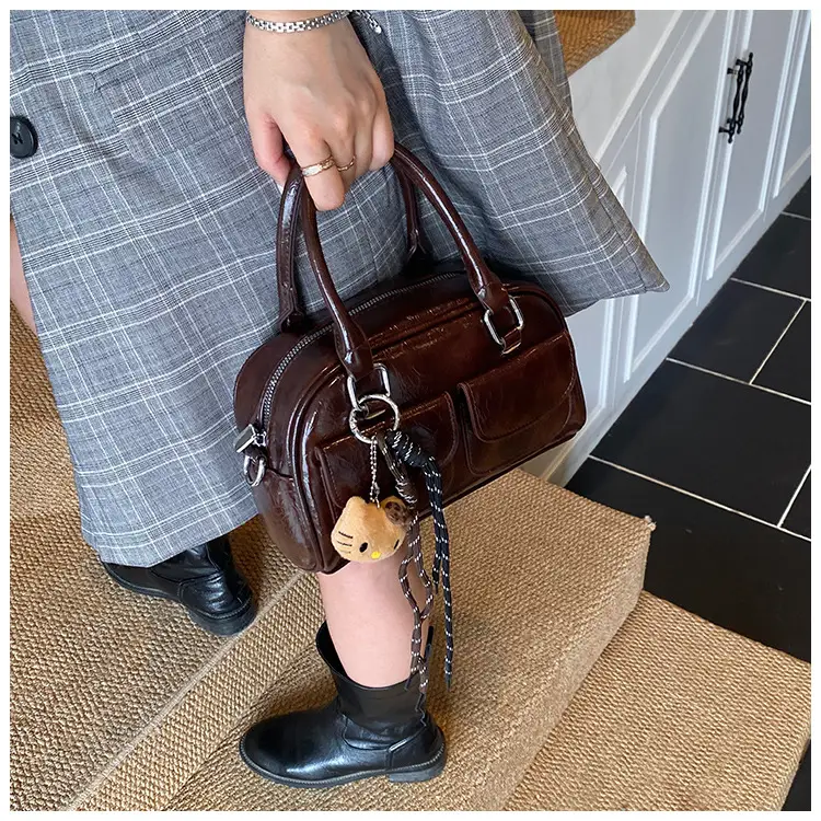 Women's Brown Leather Bowling Bag with Chain Strap — feature 21