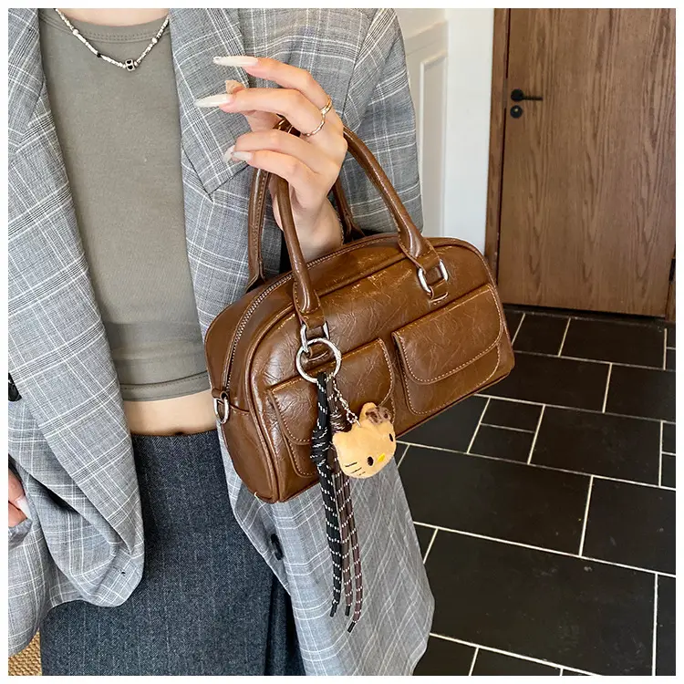 Women's Brown Leather Bowling Bag with Chain Strap — feature 23