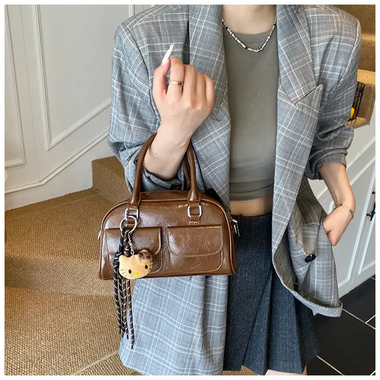Women's Brown Leather Bowling Bag with Chain Strap — feature 24