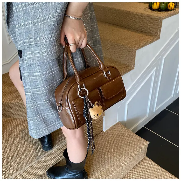 Women's Brown Leather Bowling Bag with Chain Strap — feature 25