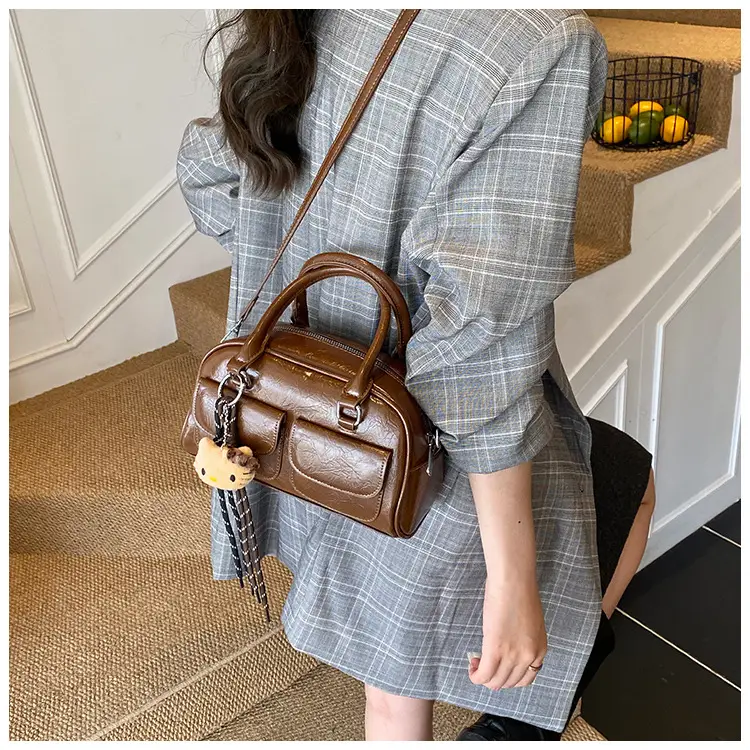 Women's Brown Leather Bowling Bag with Chain Strap — feature 26