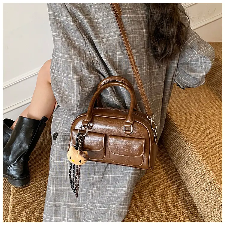 Women's Brown Leather Bowling Bag with Chain Strap — feature 27