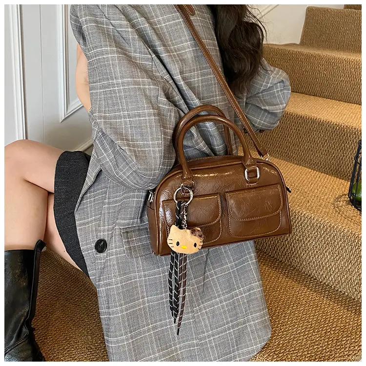 Women's Brown Leather Bowling Bag with Chain Strap — feature 28