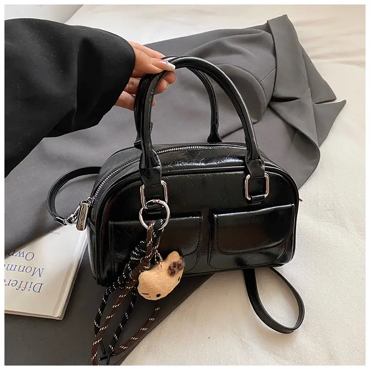 Women's Brown Leather Bowling Bag with Chain Strap — feature 29