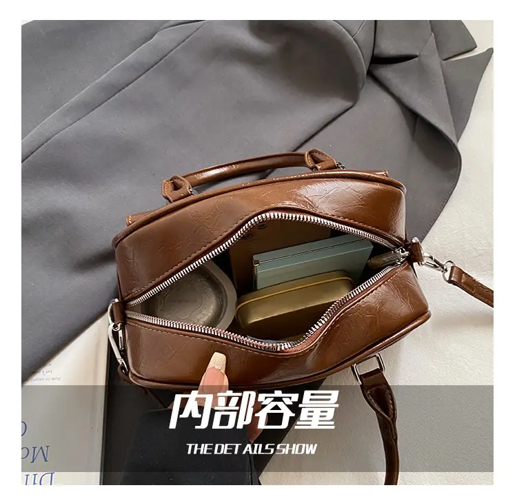 Women's Brown Leather Bowling Bag with Chain Strap — feature 3