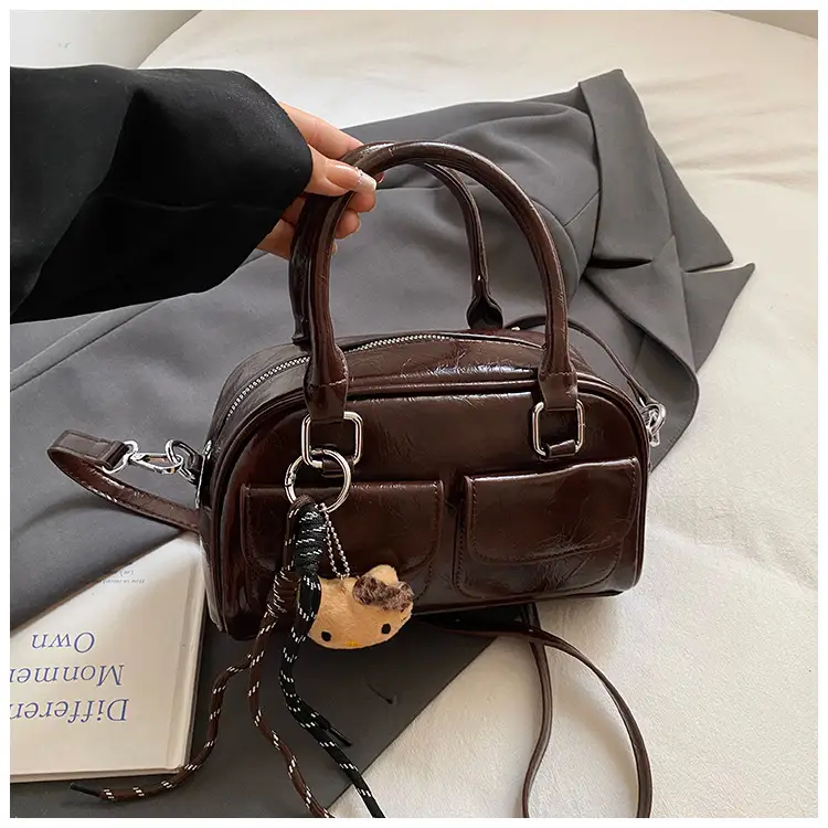 Women's Brown Leather Bowling Bag with Chain Strap — feature 30
