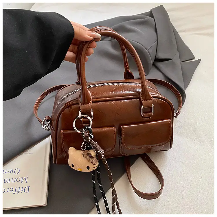 Women's Brown Leather Bowling Bag with Chain Strap — feature 31