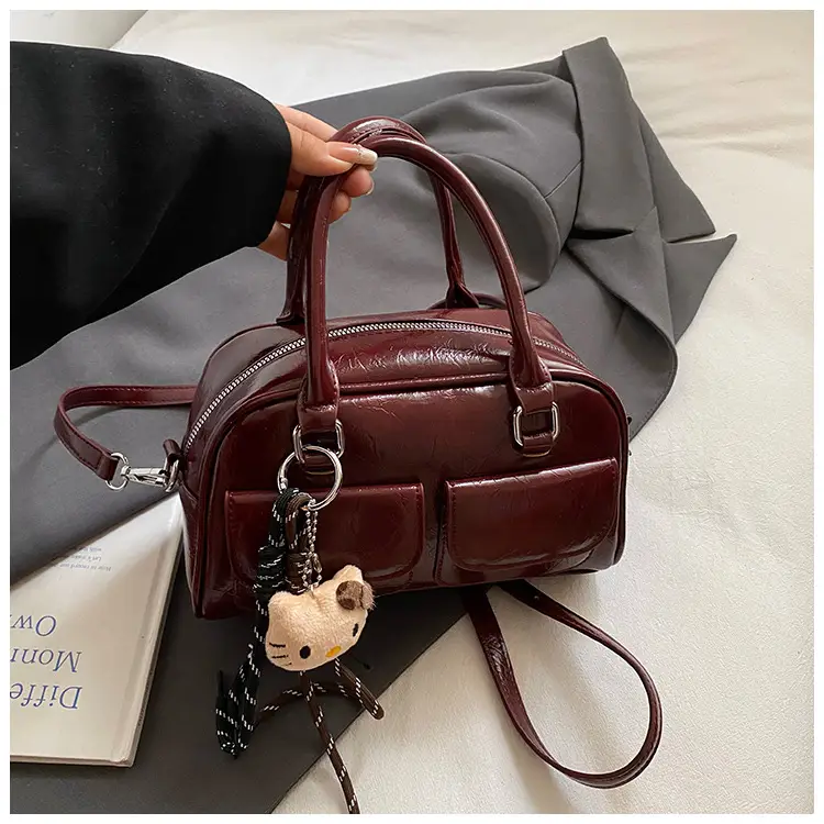Women's Brown Leather Bowling Bag with Chain Strap — feature 32
