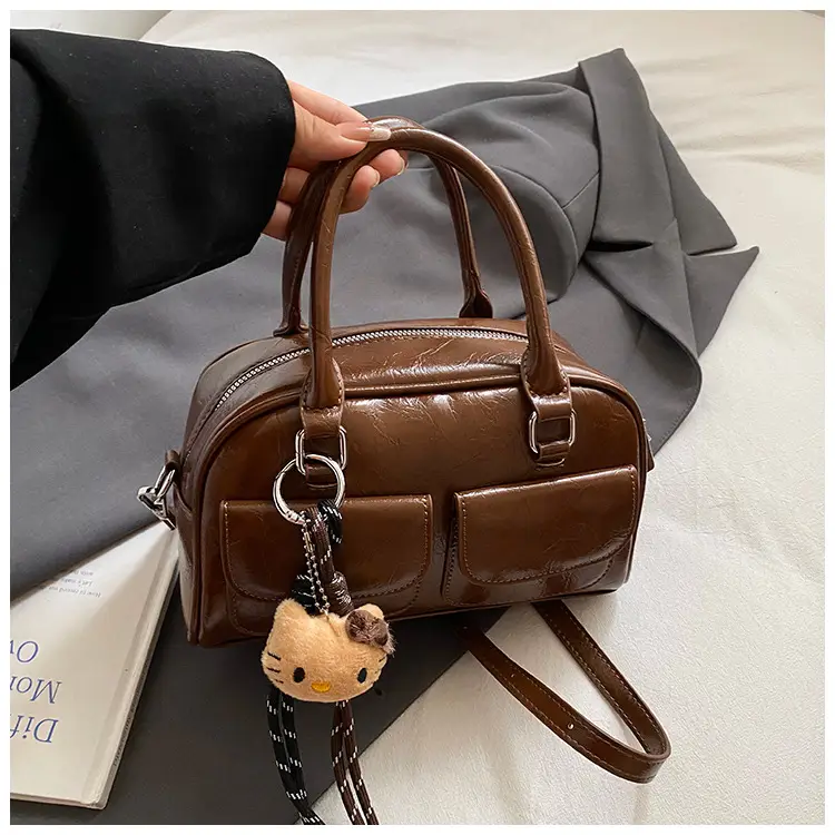 Women's Brown Leather Bowling Bag with Chain Strap — feature 33