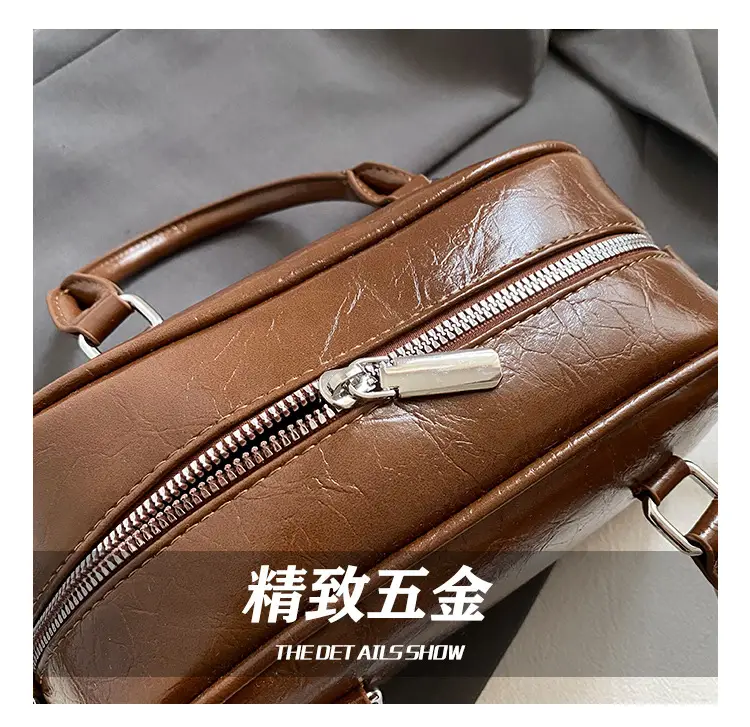 Women's Brown Leather Bowling Bag with Chain Strap — feature 4
