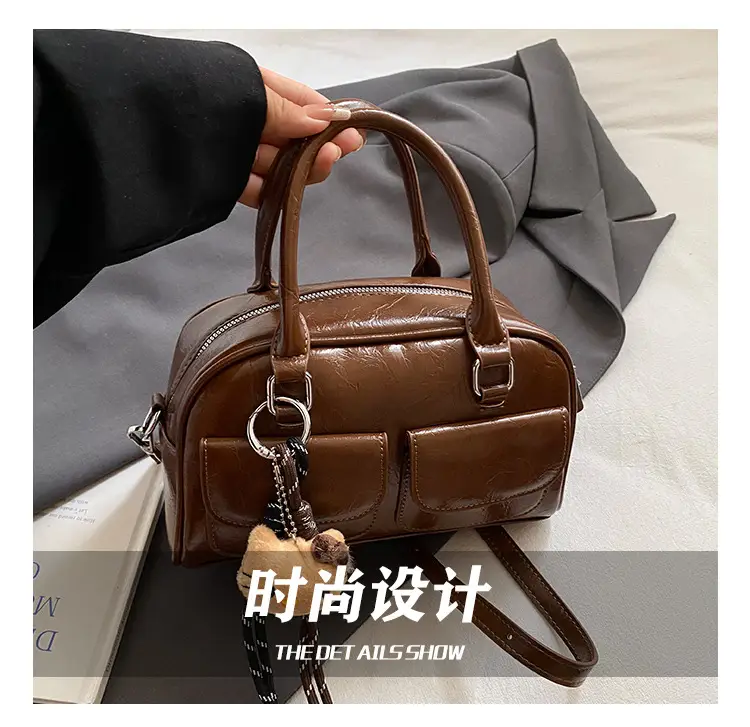 Women's Brown Leather Bowling Bag with Chain Strap — feature 5