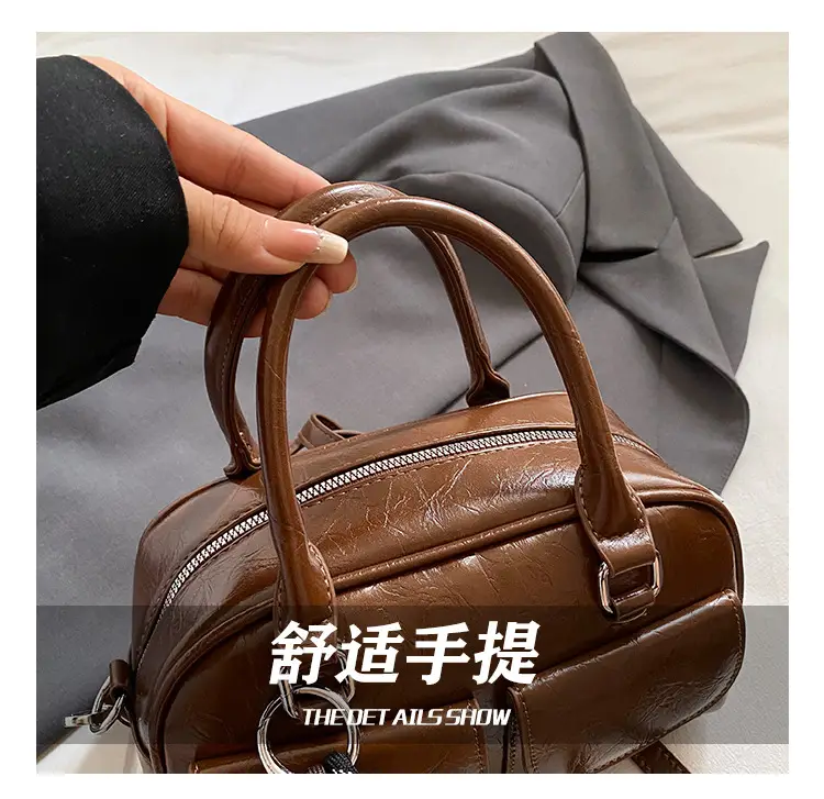Women's Brown Leather Bowling Bag with Chain Strap — feature 6