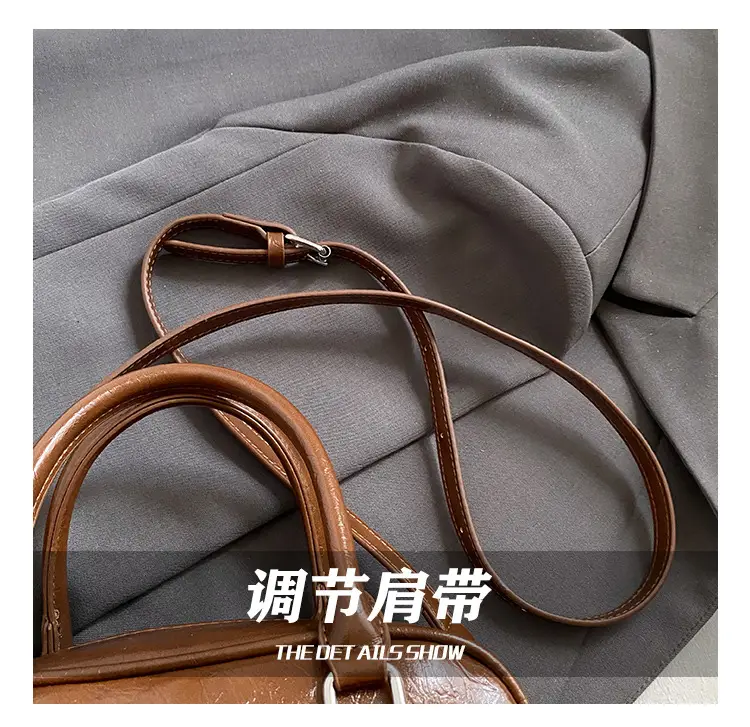 Women's Brown Leather Bowling Bag with Chain Strap — feature 7