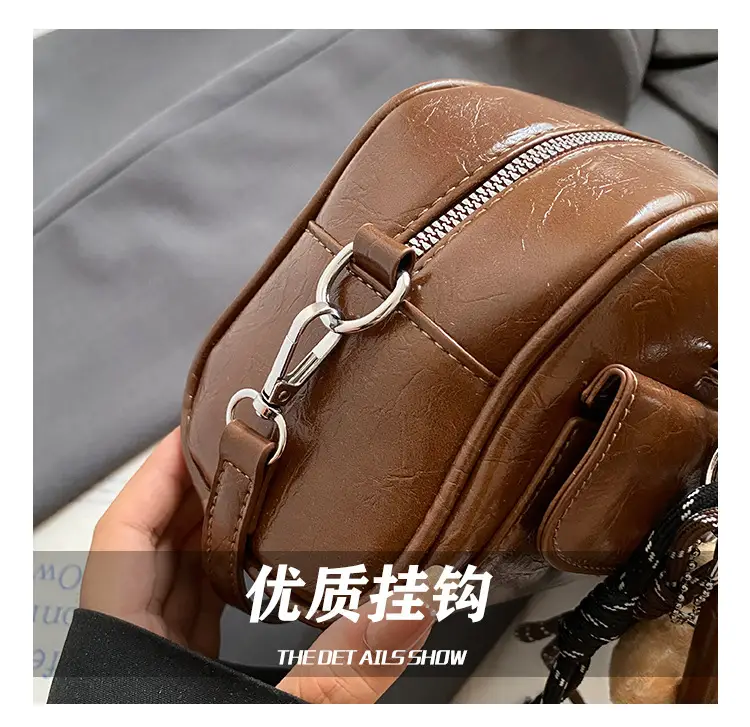 Women's Brown Leather Bowling Bag with Chain Strap — feature 8