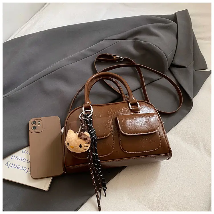 Women's Brown Leather Bowling Bag with Chain Strap — feature 9