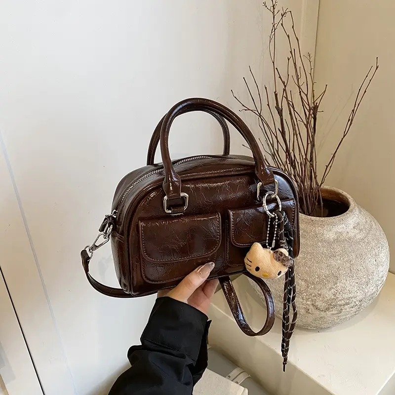 Women's Brown Leather Bowling Bag with Chain Strap - Image 2