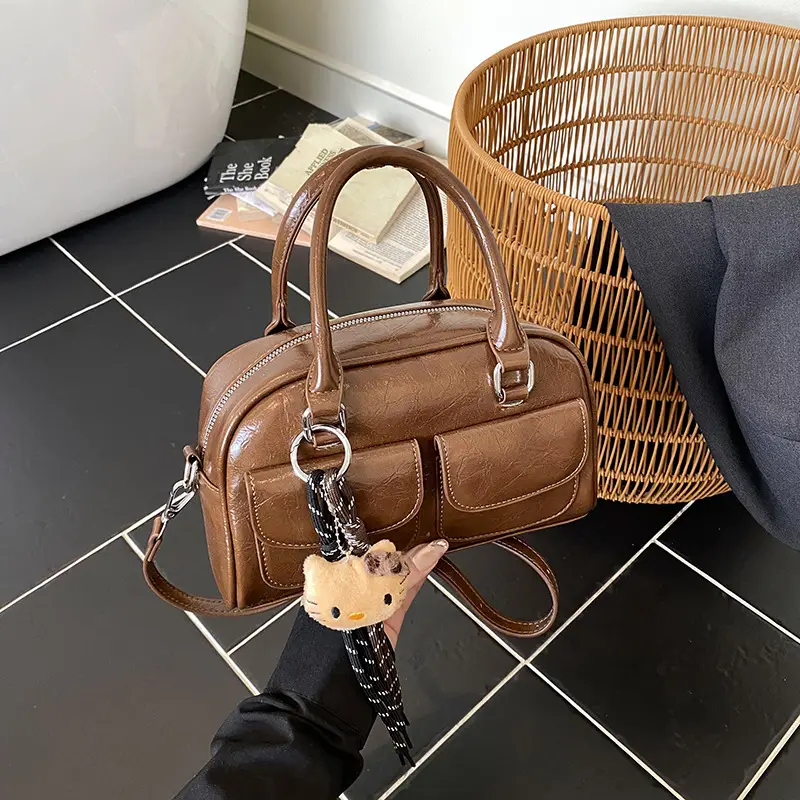 Women's Brown Leather Bowling Bag with Chain Strap - Image 3