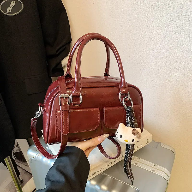 Women's Brown Leather Bowling Bag with Chain Strap - Image 4