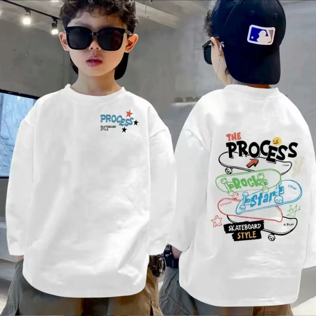 Boys Pure Cotton Korean Style Printed T-Shirt White Medium Large - Image 2