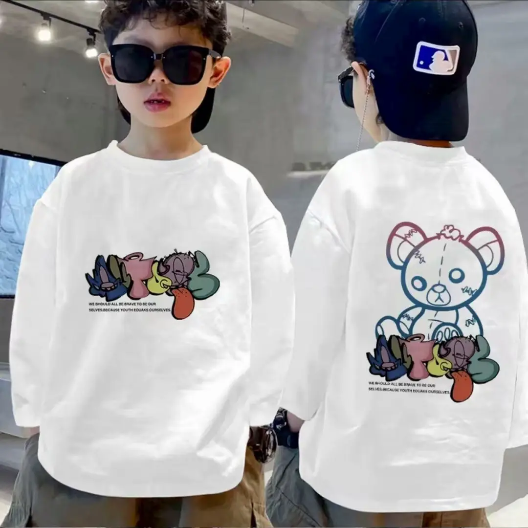 Boys Pure Cotton Korean Style Printed T-Shirt White Medium Large - Image 7