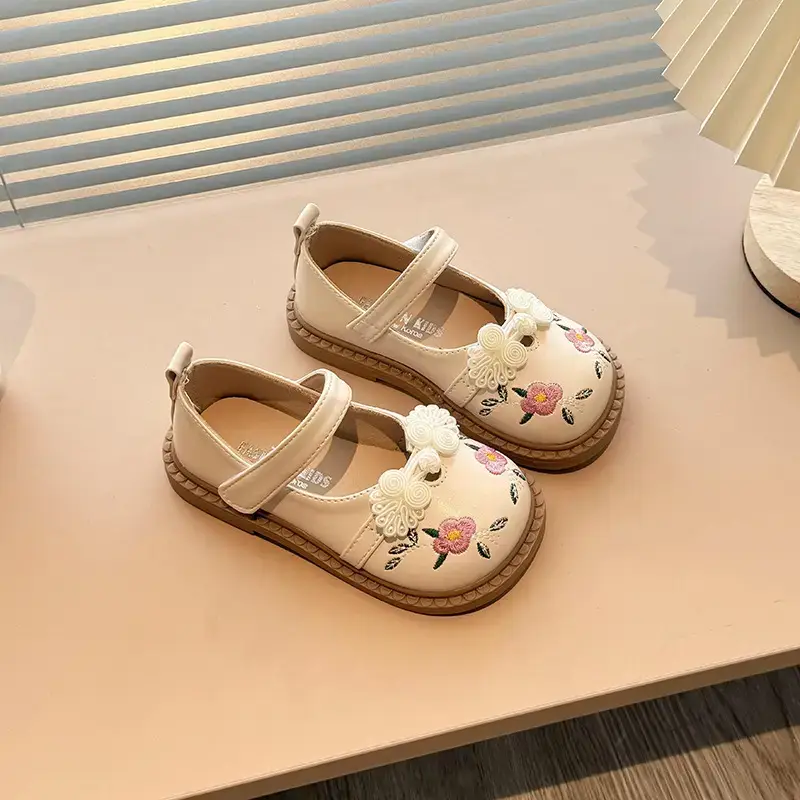 Girls' Embroidered Leather Baby Shoes with Soft Soles