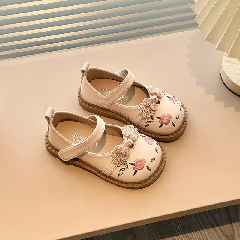 Girls' Embroidered Leather Baby Shoes with Soft Soles